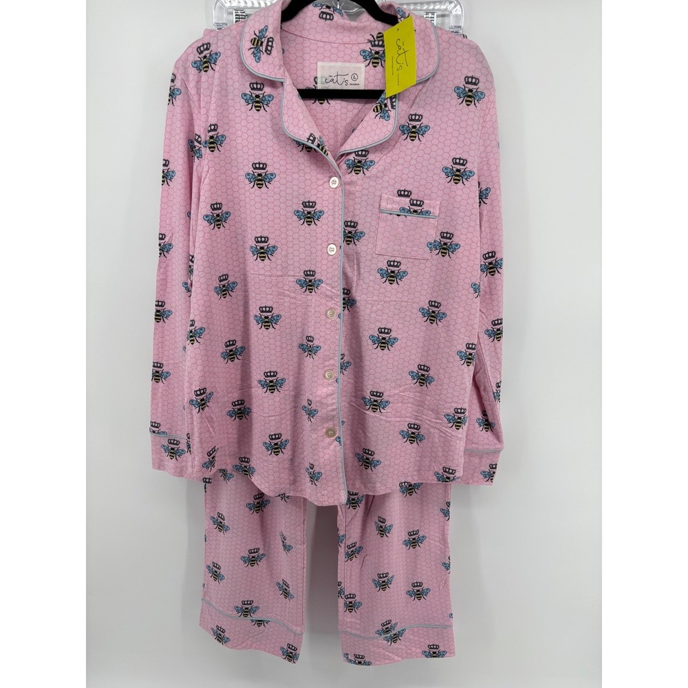 The Cats Pajamas Pink Queen Bee Pima Cotton Modal Pajama Set Size L NEW